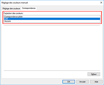 figure : Sélectionnez ICM pour Correction des couleurs dans la boîte de dialogue Réglage des couleurs manuel.