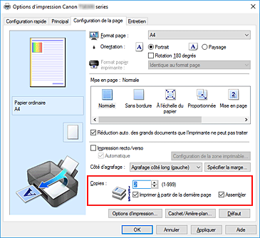 figure : Copies dans l'onglet Configuration de la page