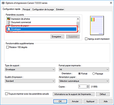 figure : Sélectionnez Enveloppe dans Paramètres courants dans l'onglet Configuration rapide.