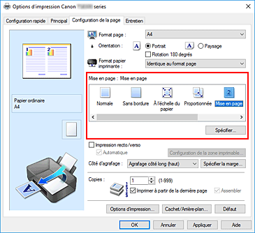 figure : Sélectionnez Mise en page comme Mise en page dans l'onglet Configuration de la page