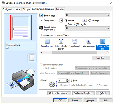 figure : Affichage de l'aperçu des paramètres dans l'onglet Configuration de la page