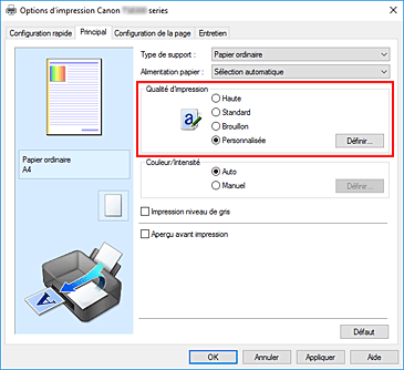 figure : Dans l'onglet Principal, sélectionnez Personnalisée pour Qualité d'impression
