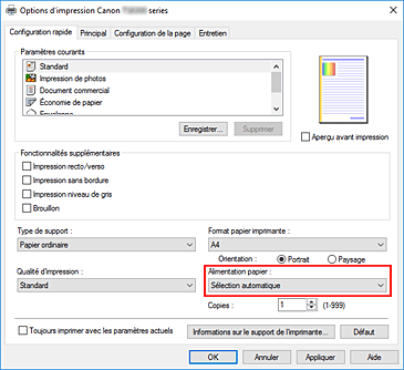 figure : Alimentation papier dans l'onglet Configuration rapide