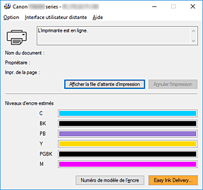 figure : Écran d'état d'imprimante Canon IJ