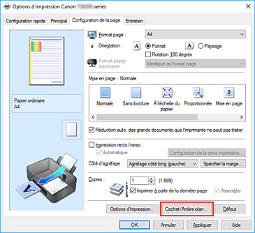 figure : Cachet/Arrière-plan... dans l'onglet Configuration de la page