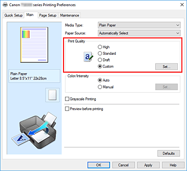 attēls: cilnē Galvenie iestatījumi atlasiet Pielāgota opcijai Drukas kvalitāte