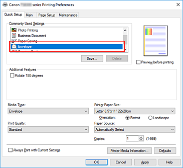 afbeelding: selecteer Envelop bij Veelgebruikte instellingen op het tabblad Snel instellen