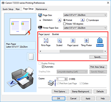 figura: Selecione Livreto para Layout da Página na guia Configurar Página