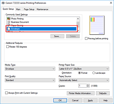 figura:Selectaţi Envelope de la Commonly Used Settings din fila Quick Setup