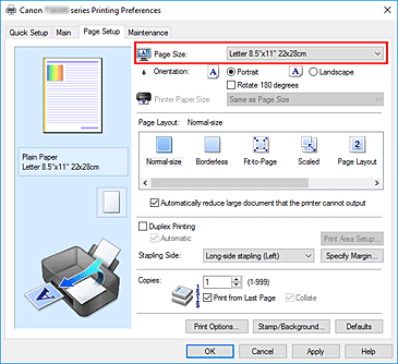 figura:Page Size din fila Page Setup