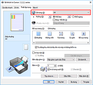 hình: Cỡ trang trên tab Thiết lập trang