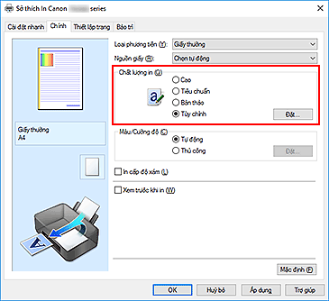 hình: Chọn trên tab Chính, chọn Tùy chỉnh cho Chất lượng in