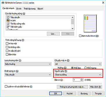 hình: Nguồn giấy trên tab Cài đặt nhanh