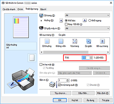 hình: Tỉ lệ trên tab Thiết lập trang