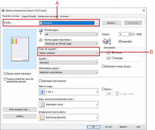 figure&nbsp;: Profils sur l'onglet Paramètres de base