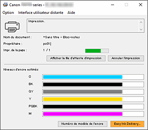 figure&nbsp;: Écran d'état d'imprimante Canon IJ