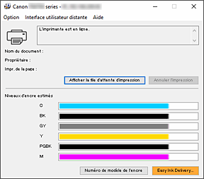 figure&nbsp;: Écran d'état d'imprimante Canon IJ