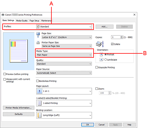 figure:Profiles on the Basic Settings tab