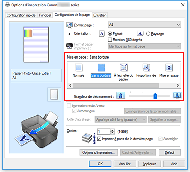 figure&nbsp;: Sélectionnez Sans bordure comme Mise en page dans l'onglet Configuration de la page.