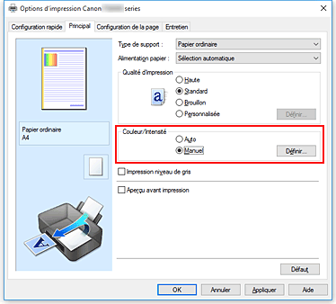 figure&nbsp;: Sélectionnez Manuel pour Couleur/Intensité dans l'onglet Principal.