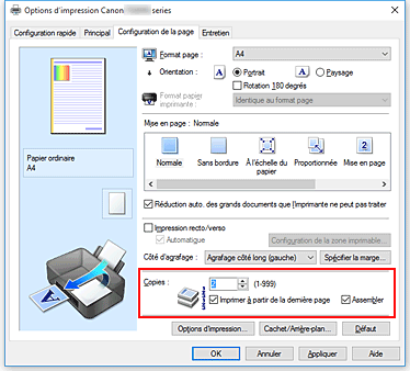 figure&nbsp;: Copies dans l'onglet Configuration de la page