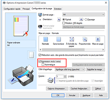 figure&nbsp;: Case à cocher Impression recto/verso dans l'onglet Configuration de la page