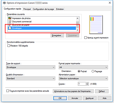 figure&nbsp;: Sélectionnez Enveloppe dans Paramètres courants dans l'onglet Configuration rapide.