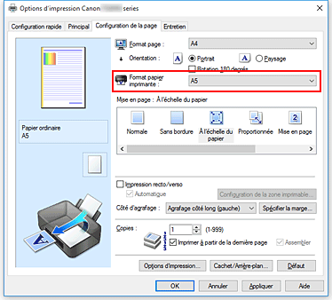 figure&nbsp;: Format papier imprimante dans l'onglet Configuration de la page