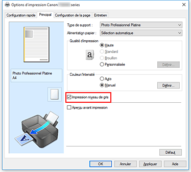 figure&nbsp;: Case à cocher Impression niveau de gris dans l'onglet Principal