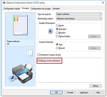 figure&nbsp;: Case à cocher Aperçu avant impression dans l'onglet Principal