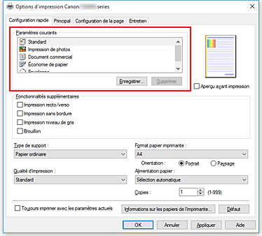 figure&nbsp;: Paramètres courants dans l'onglet Configuration rapide