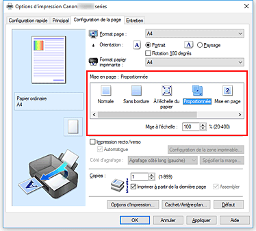 figure&nbsp;: Sélectionnez Proportionnée comme Mise en page dans l'onglet Configuration de la page.