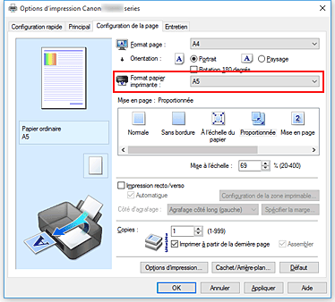 figure&nbsp;: Format papier imprimante dans l'onglet Configuration de la page