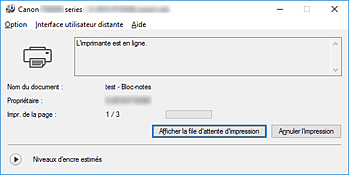 figure&nbsp;: Écran d'état d'imprimante Canon IJ