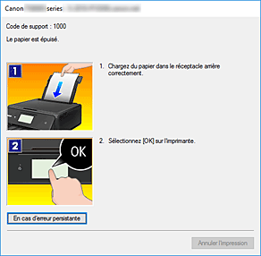 figure&nbsp;: Écran d'état d'imprimante Canon IJ-Affichage d'une erreur