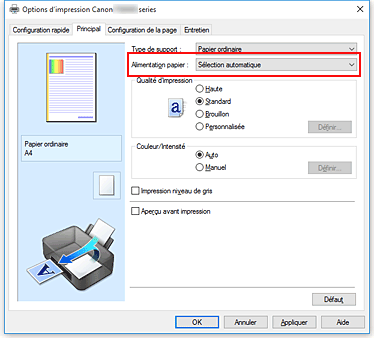 figure&nbsp;: Alimentation papier dans l'onglet Principal