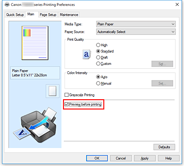 figura:Caseta de selectare Preview before printing de pe fila Main