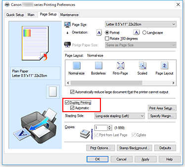 Imagen: casilla de verificación Impresión a doble cara de la ficha Configurar página