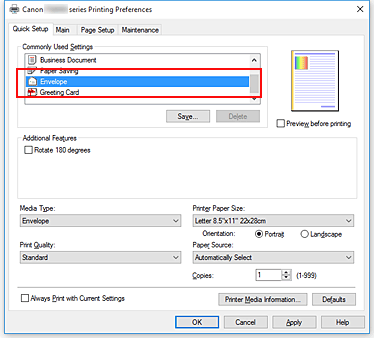 Imagen: selección de Sobre en Configuraciones más utilizadas de la ficha Configuración rápida