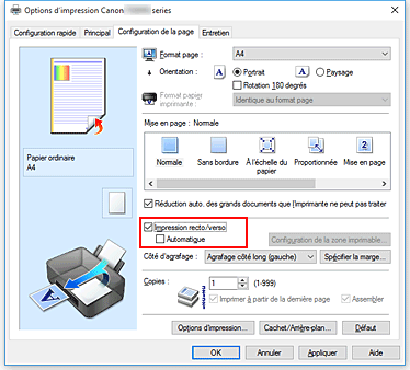 figure&nbsp;: Case à cocher Impression recto/verso dans l'onglet Configuration de la page