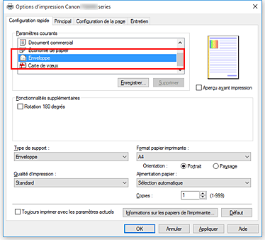 figure&nbsp;: Sélectionnez Enveloppe dans Paramètres courants dans l'onglet Configuration rapide.