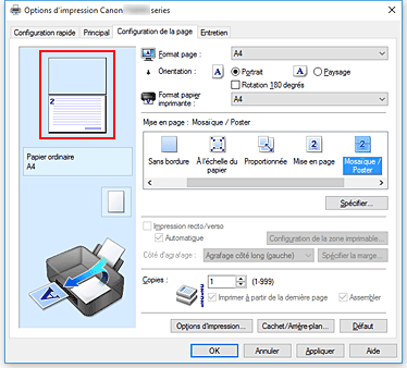 figure&nbsp;: Affichage de l'aperçu des paramètres dans l'onglet Configuration de la page