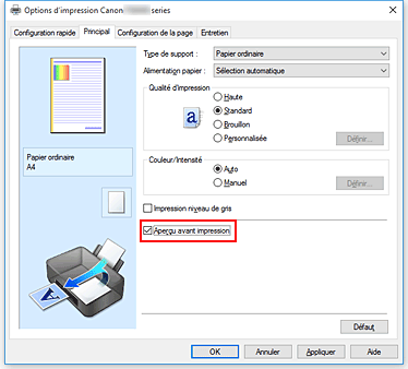 figure&nbsp;: Case à cocher Aperçu avant impression dans l'onglet Principal