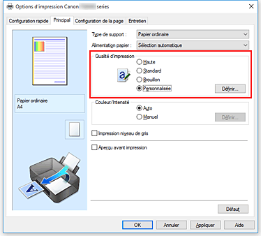 figure&nbsp;: Dans l'onglet Principal, sélectionnez Personnalisée pour Qualité d'impression