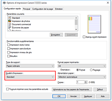 figure&nbsp;: Qualité d'impression dans l'onglet Configuration rapide