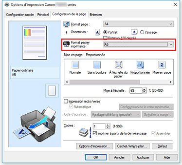 figure&nbsp;: Format papier imprimante dans l'onglet Configuration de la page