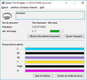 figure&nbsp;: Écran d'état d'imprimante Canon IJ
