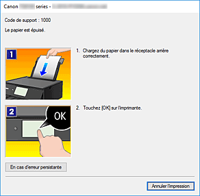 figure&nbsp;: Écran d'état d'imprimante Canon IJ-Affichage d'une erreur