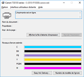 figure&nbsp;: Écran d'état d'imprimante Canon IJ