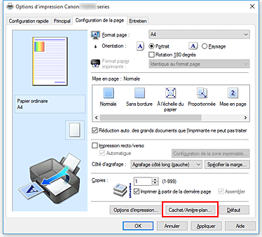 figure&nbsp;: Cachet/Arrière-plan... dans l'onglet Configuration de la page